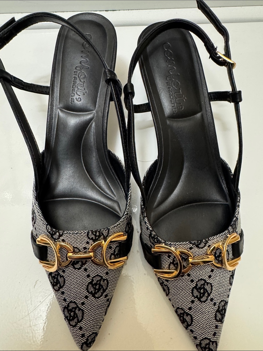 Monogram Pointed Toe Slingback Heels with Gold Hardware - Black & Gray